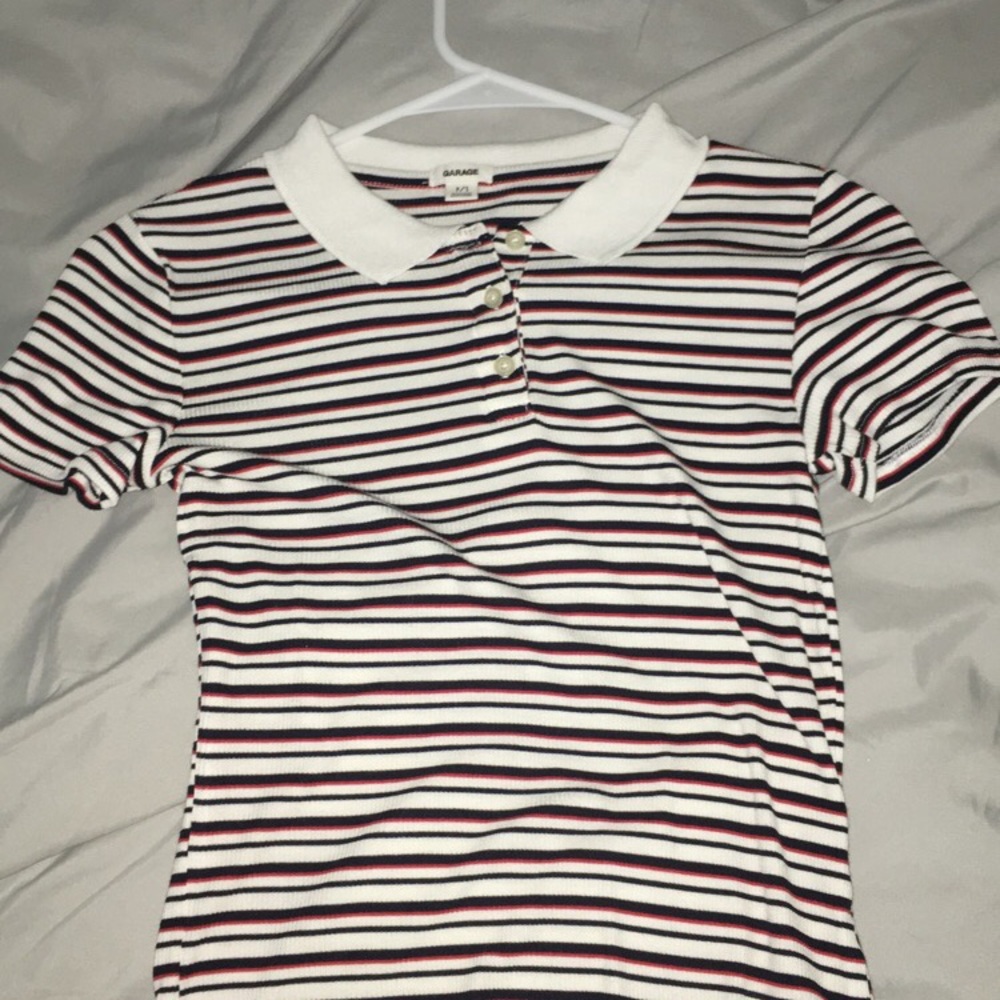 white red and navy blue striped colored tee